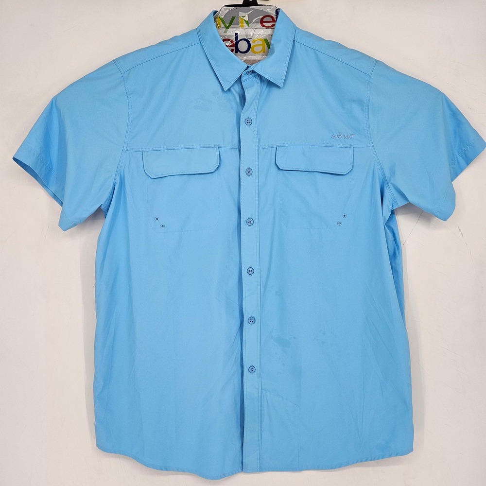 Ariat Shirt Mens Large Tek‎ Light Blue Fitted Button Up Short Sleeve Vented